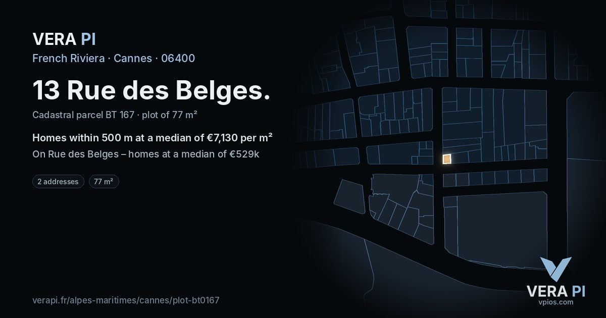 13 Rue des Belges, Cannes at night – the plot lit, the parcels around coloured by the prices near them