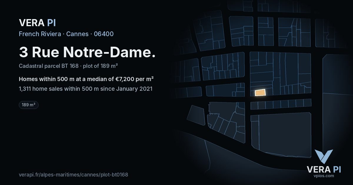 3 Rue Notre-Dame, Cannes at night – the plot lit, the parcels around coloured by the prices near them