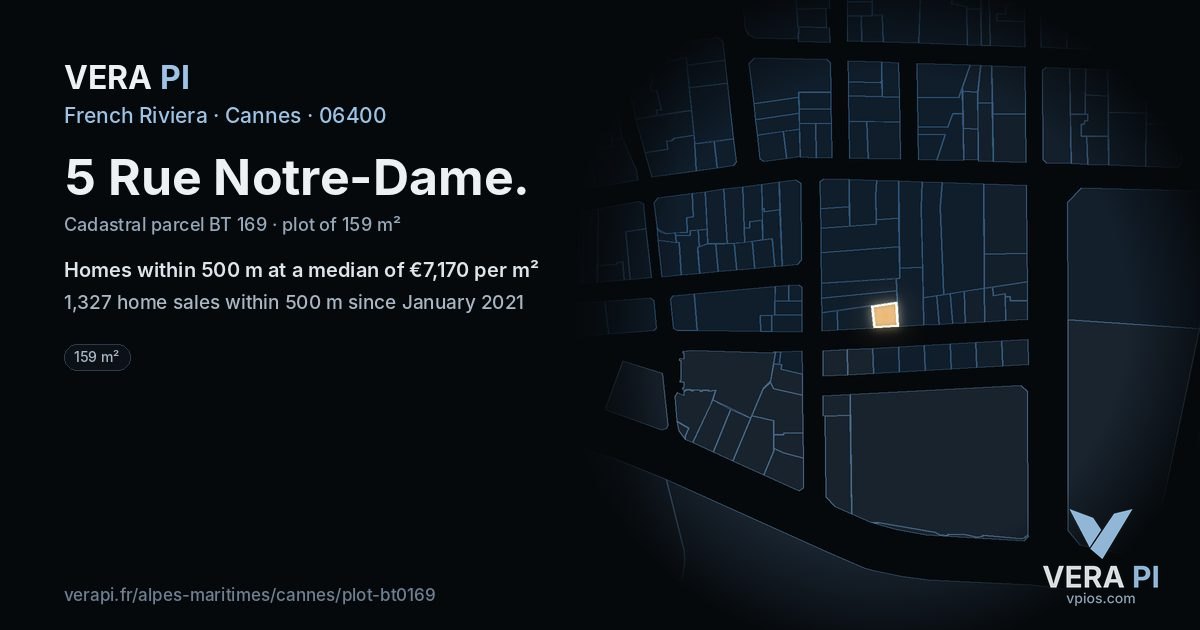 5 Rue Notre-Dame, Cannes at night – the plot lit, the parcels around coloured by the prices near them
