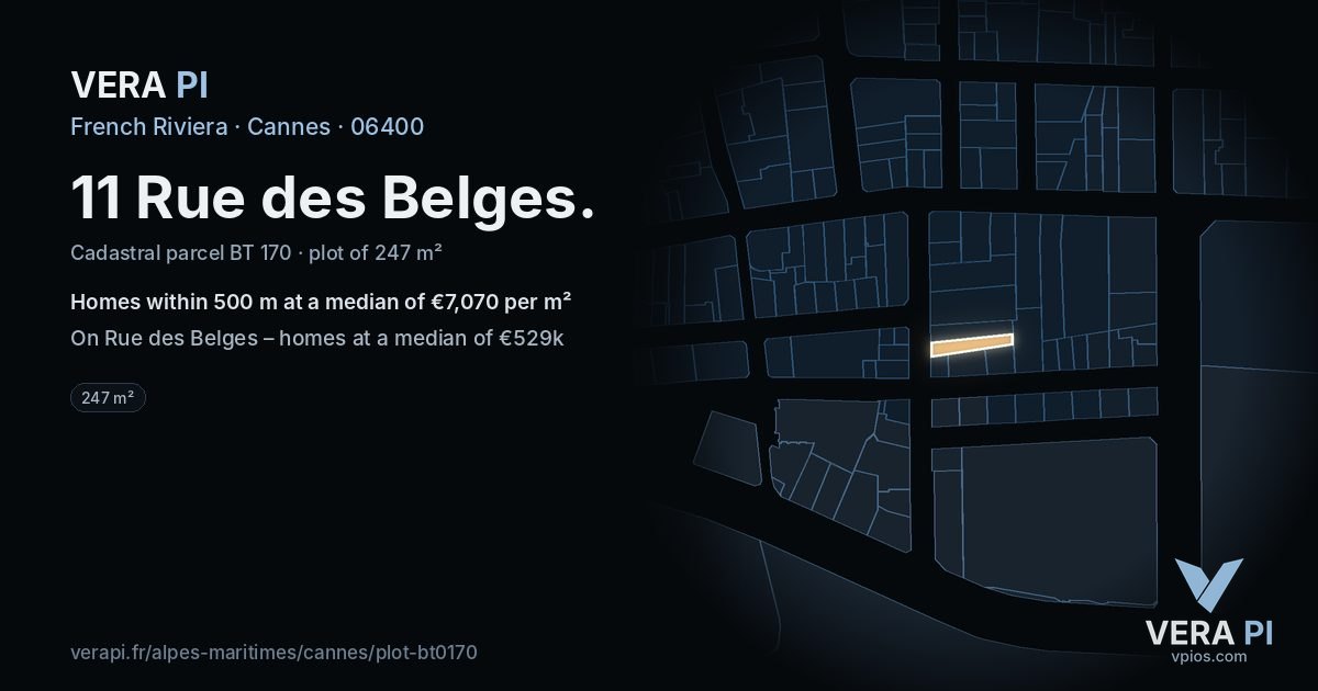 11 Rue des Belges, Cannes at night – the plot lit, the parcels around coloured by the prices near them