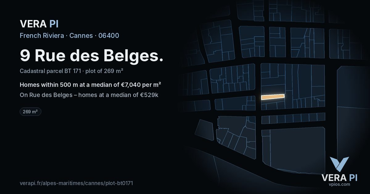 9 Rue des Belges, Cannes at night – the plot lit, the parcels around coloured by the prices near them