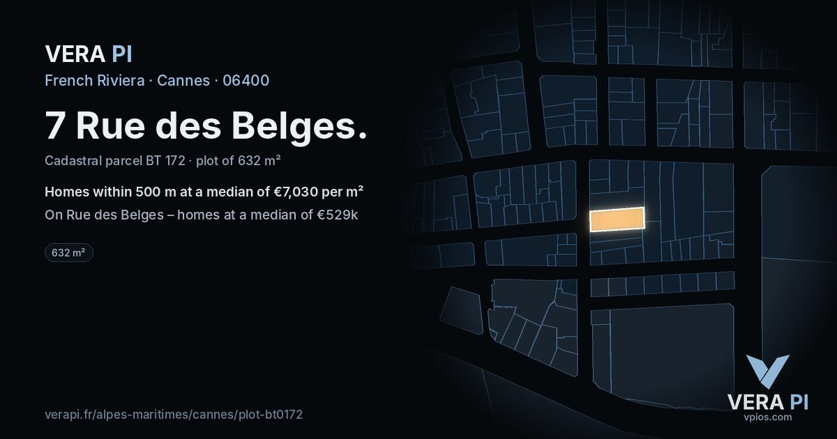 7 Rue des Belges, Cannes at night – the plot lit, the parcels around coloured by the prices near them