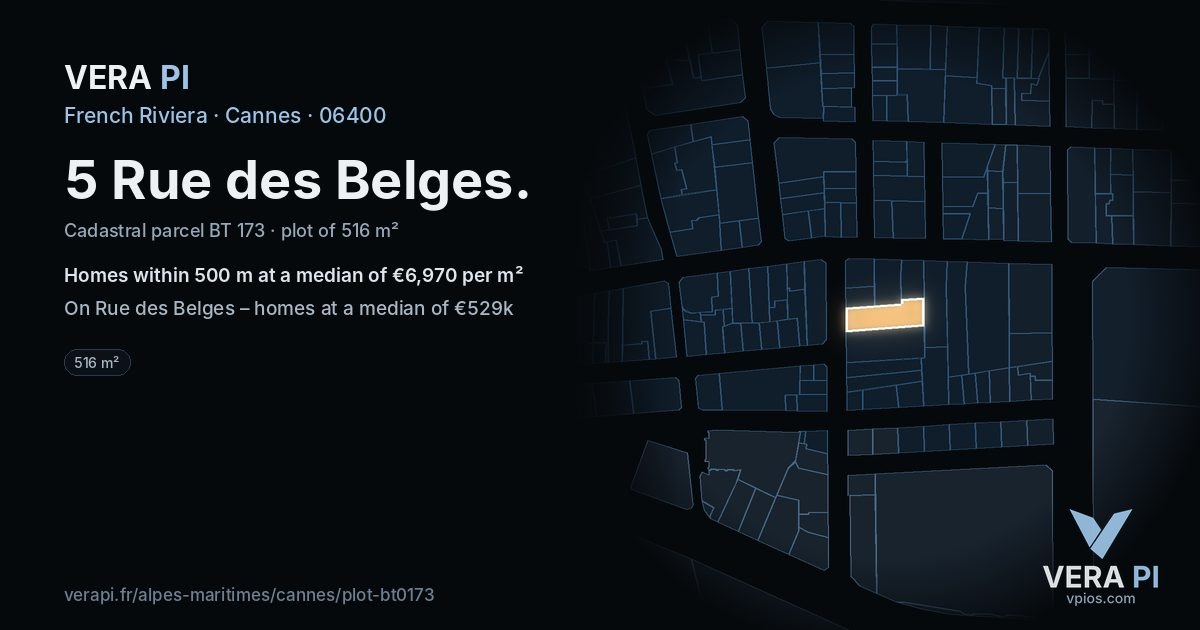 5 Rue des Belges, Cannes at night – the plot lit, the parcels around coloured by the prices near them