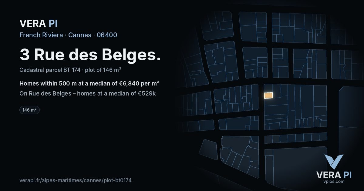 3 Rue des Belges, Cannes at night – the plot lit, the parcels around coloured by the prices near them