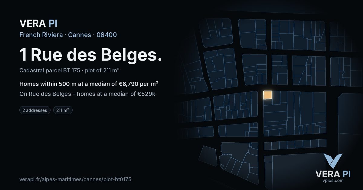 1 Rue des Belges, Cannes at night – the plot lit, the parcels around coloured by the prices near them
