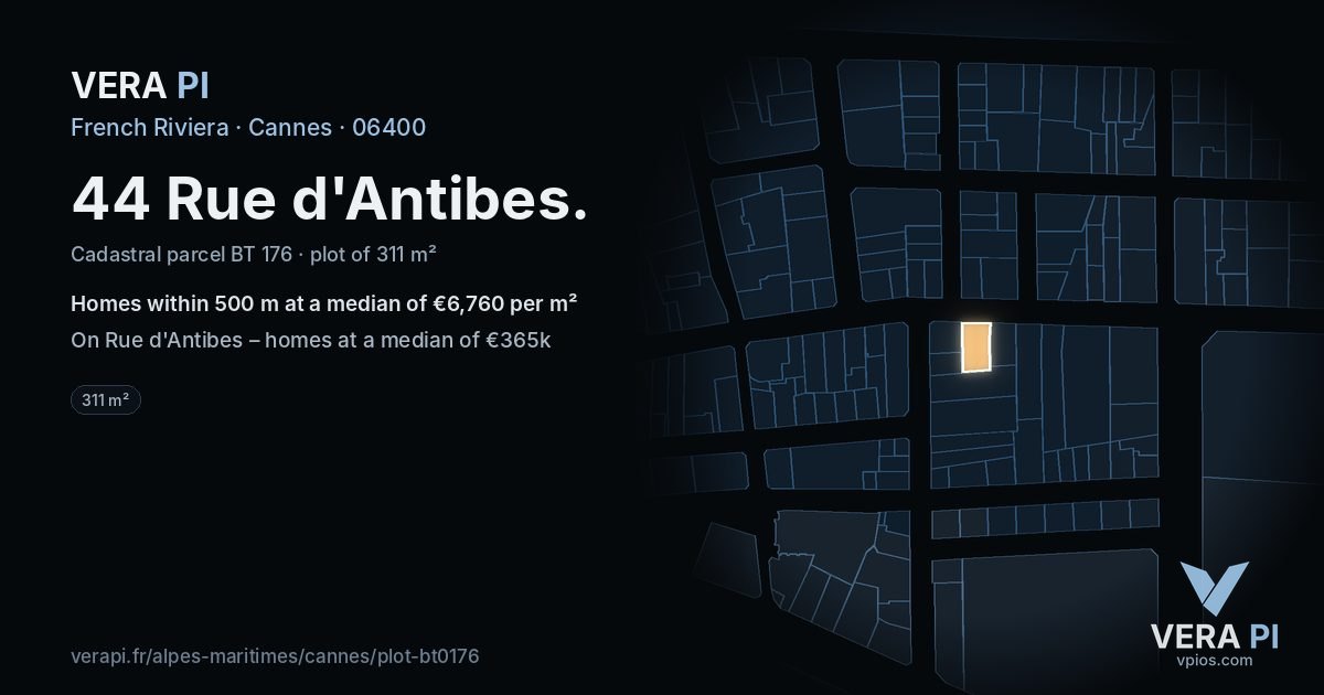 44 Rue d'Antibes, Cannes at night – the plot lit, the parcels around coloured by the prices near them