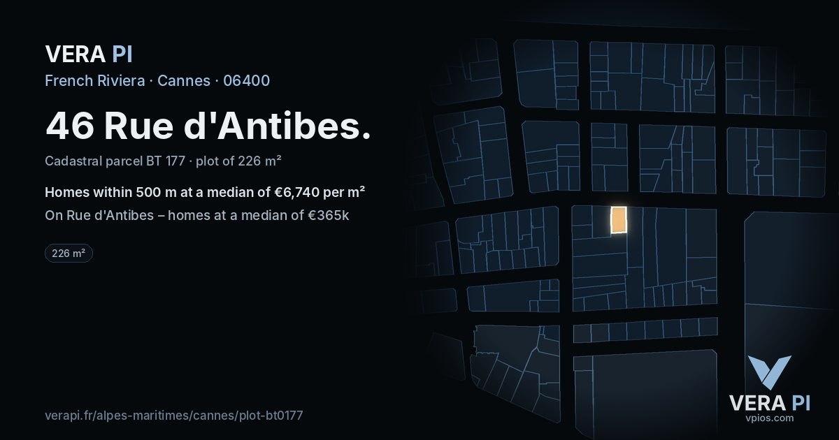 46 Rue d'Antibes, Cannes at night – the plot lit, the parcels around coloured by the prices near them