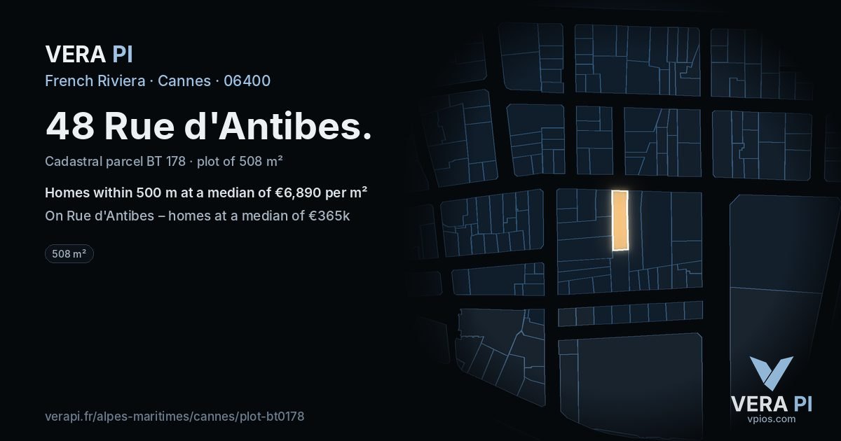 48 Rue d'Antibes, Cannes at night – the plot lit, the parcels around coloured by the prices near them