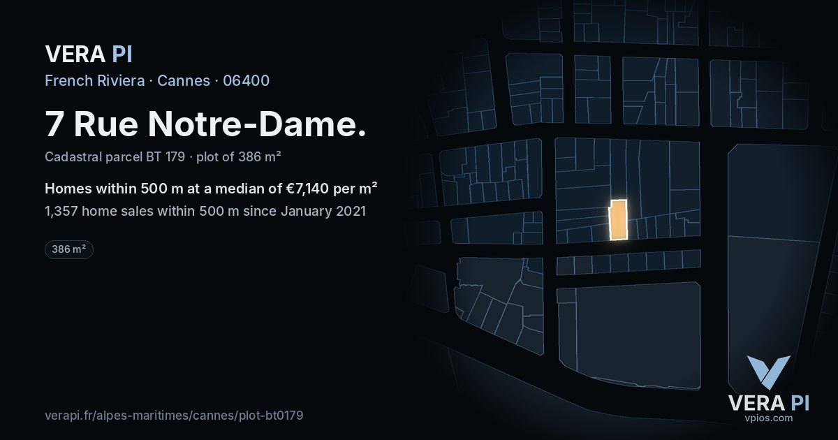 7 Rue Notre-Dame, Cannes at night – the plot lit, the parcels around coloured by the prices near them