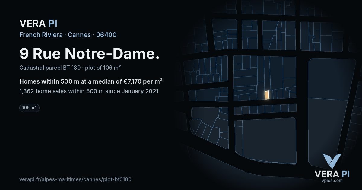 9 Rue Notre-Dame, Cannes at night – the plot lit, the parcels around coloured by the prices near them