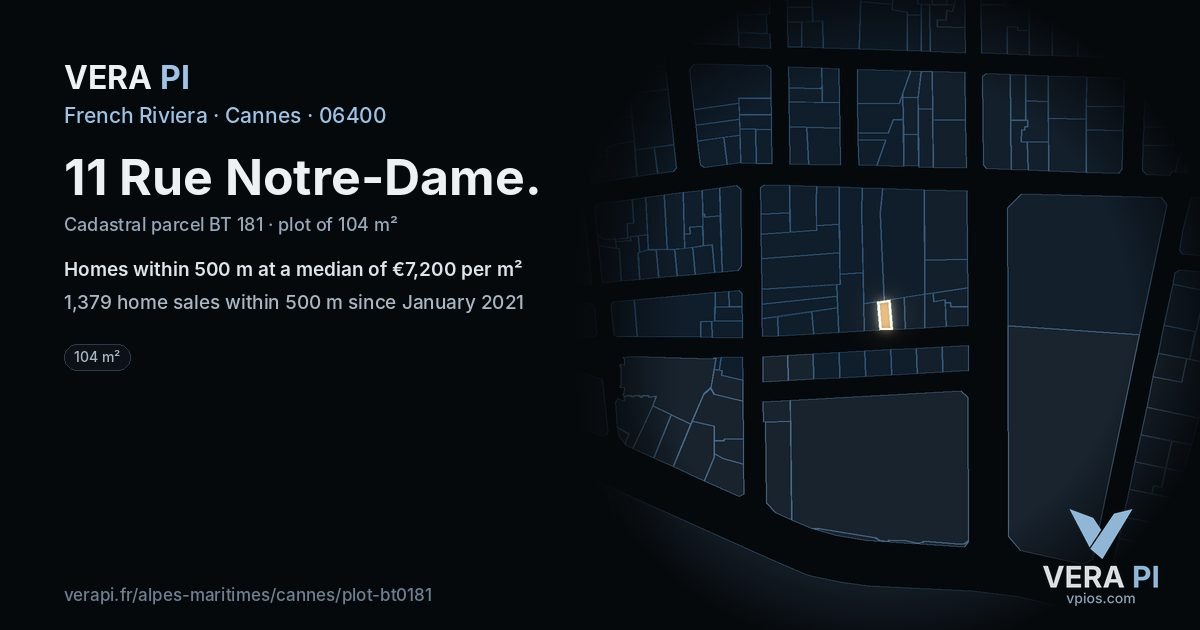 11 Rue Notre-Dame, Cannes at night – the plot lit, the parcels around coloured by the prices near them