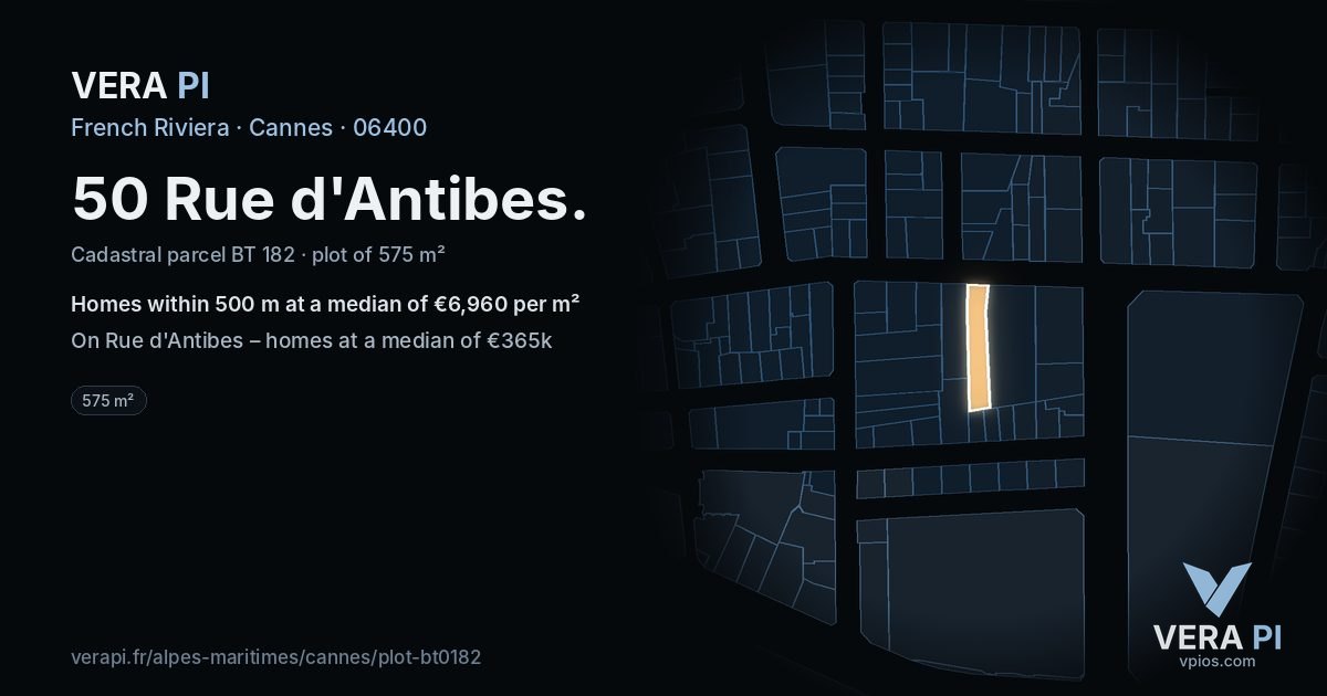 50 Rue d'Antibes, Cannes at night – the plot lit, the parcels around coloured by the prices near them