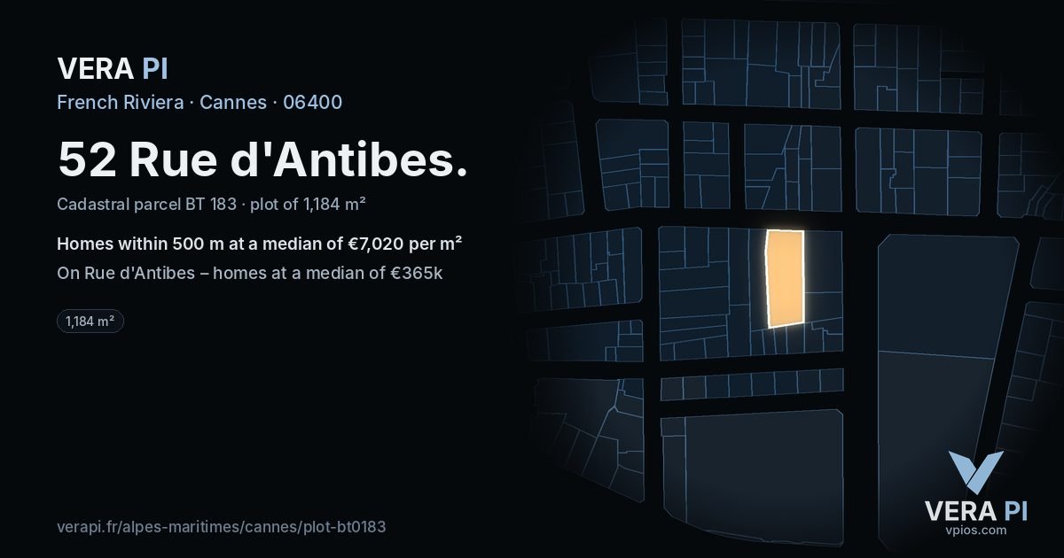 52 Rue d'Antibes, Cannes at night – the plot lit, the parcels around coloured by the prices near them