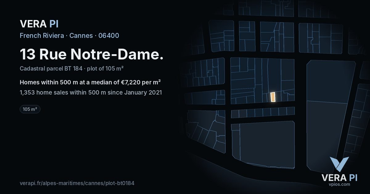 13 Rue Notre-Dame, Cannes at night – the plot lit, the parcels around coloured by the prices near them