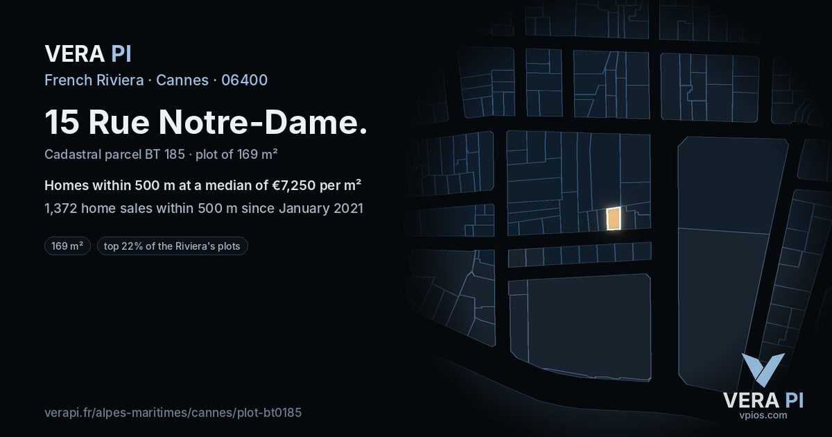 15 Rue Notre-Dame, Cannes at night – the plot lit, the parcels around coloured by the prices near them