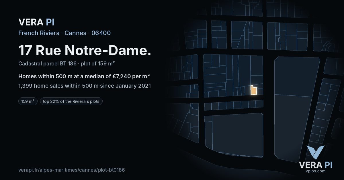 17 Rue Notre-Dame, Cannes at night – the plot lit, the parcels around coloured by the prices near them