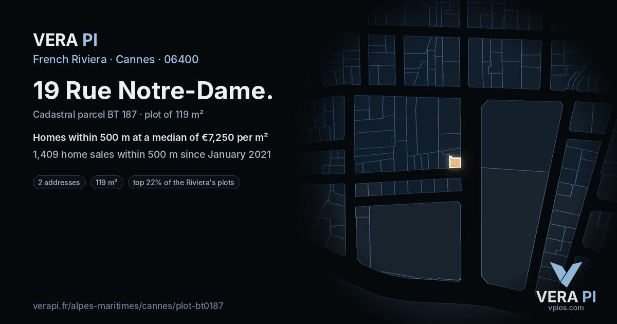 19 Rue Notre-Dame, Cannes at night – the plot lit, the parcels around coloured by the prices near them