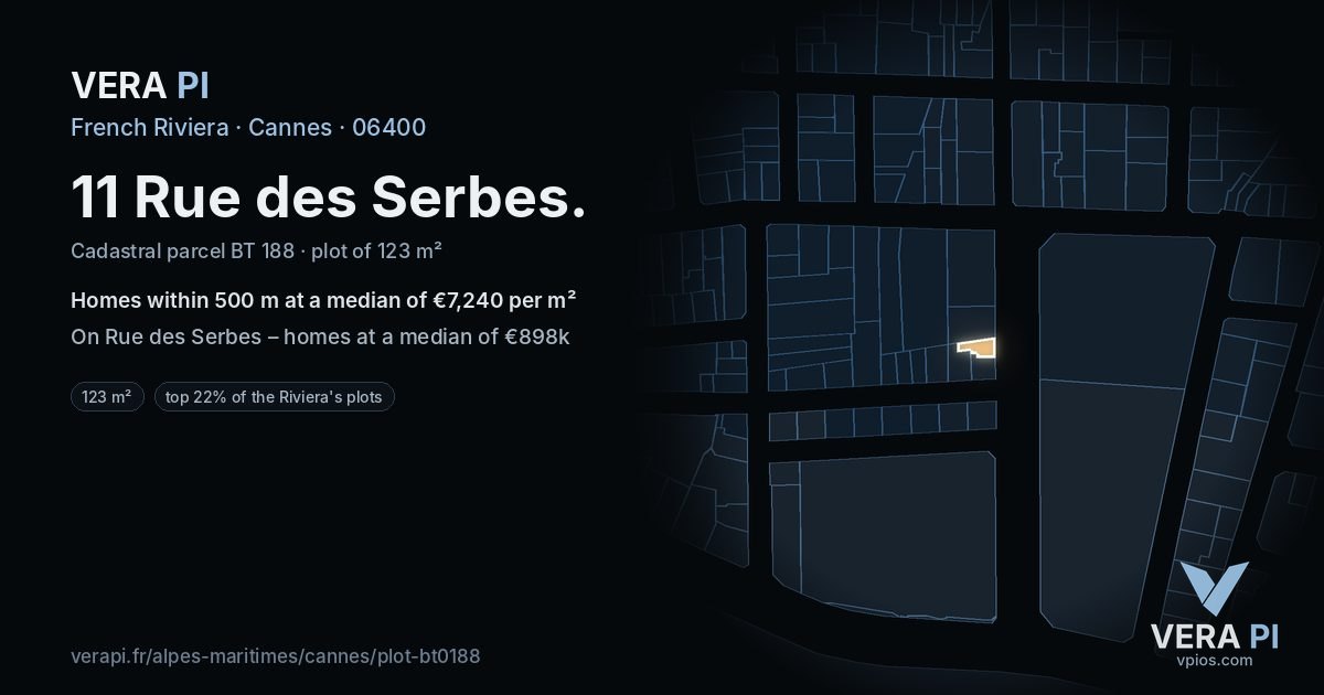 11 Rue des Serbes, Cannes at night – the plot lit, the parcels around coloured by the prices near them