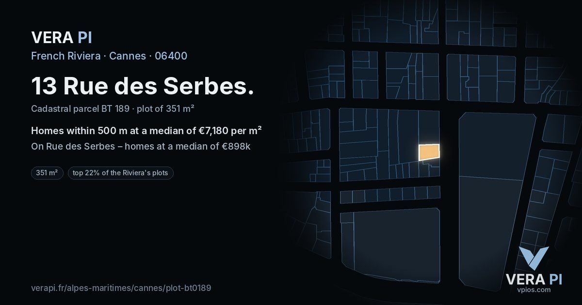13 Rue des Serbes, Cannes at night – the plot lit, the parcels around coloured by the prices near them