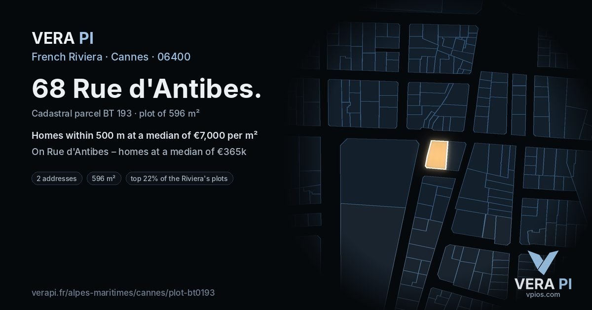 68 Rue d'Antibes, Cannes at night – the plot lit, the parcels around coloured by the prices near them