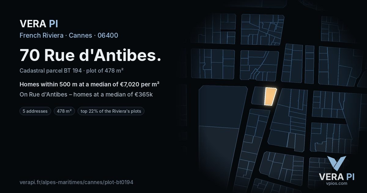 70 Rue d'Antibes, Cannes at night – the plot lit, the parcels around coloured by the prices near them