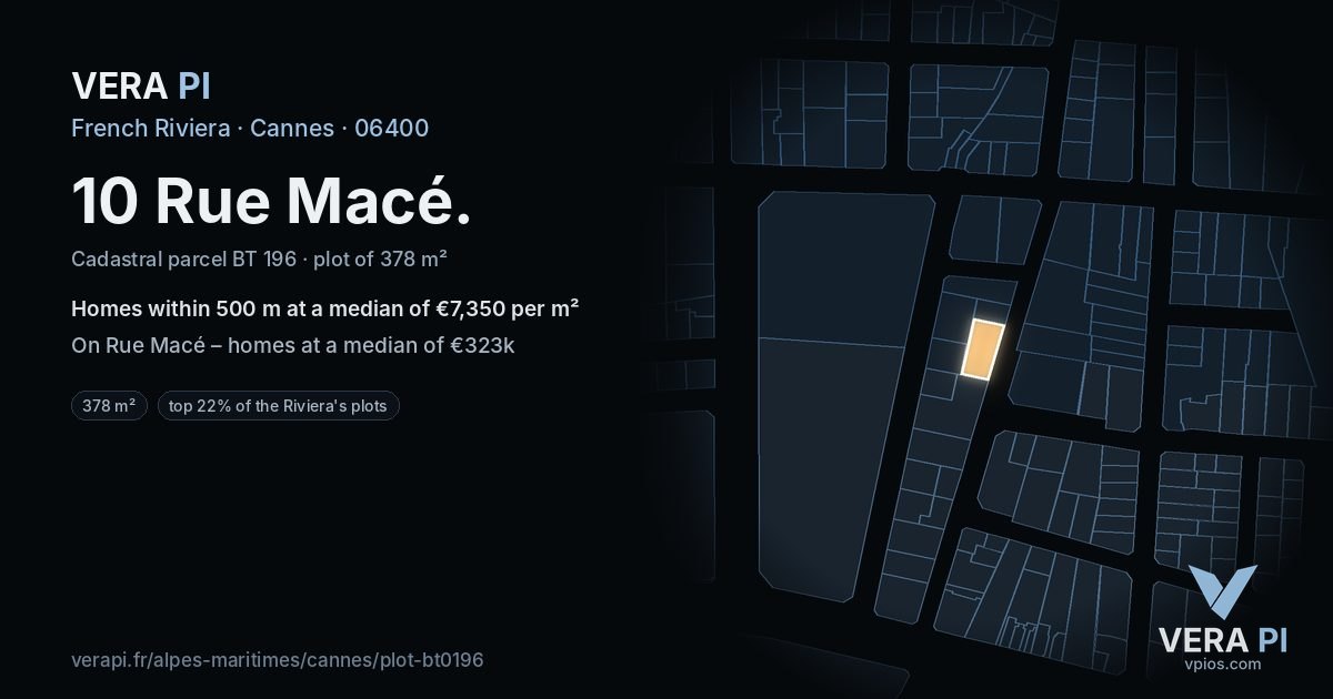 10 Rue Macé, Cannes at night – the plot lit, the parcels around coloured by the prices near them