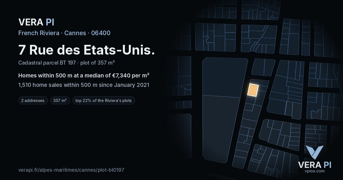 7 Rue des Etats-Unis, Cannes at night – the plot lit, the parcels around coloured by the prices near them