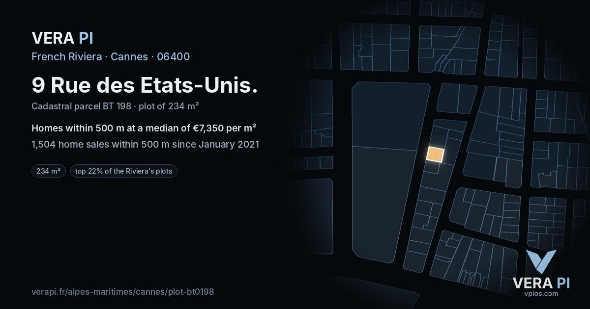 9 Rue des Etats-Unis, Cannes at night – the plot lit, the parcels around coloured by the prices near them