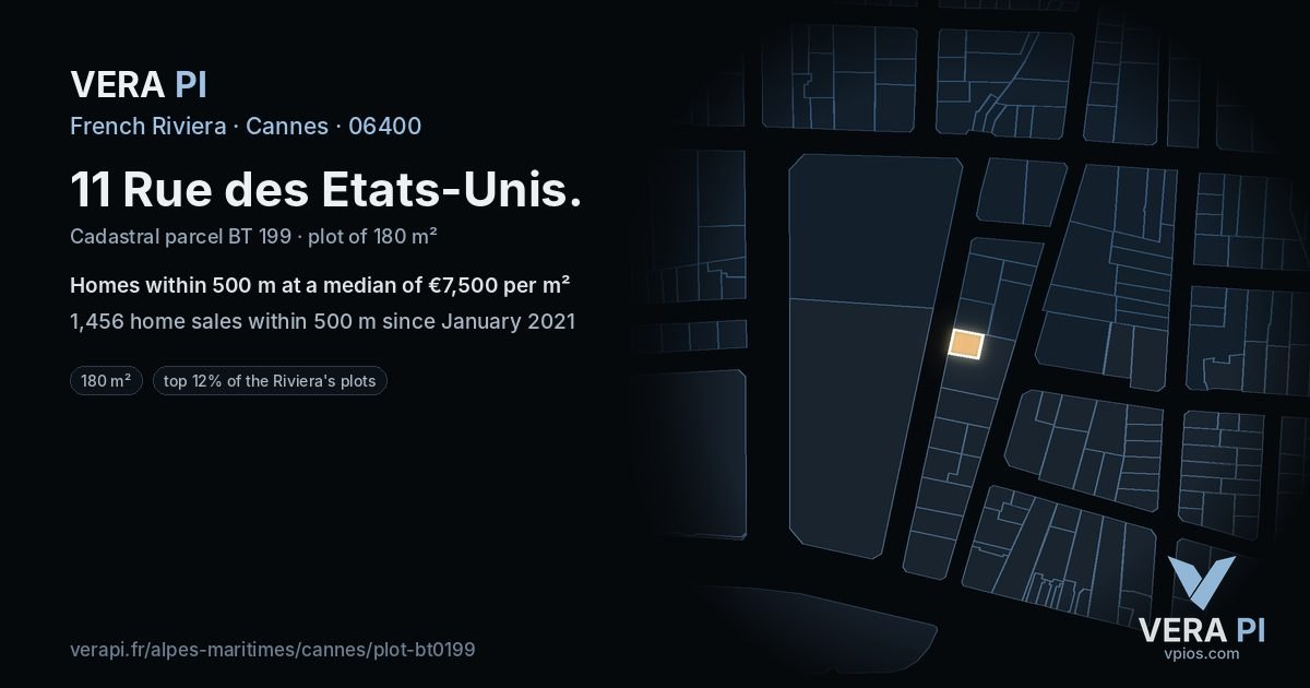 11 Rue des Etats-Unis, Cannes at night – the plot lit, the parcels around coloured by the prices near them