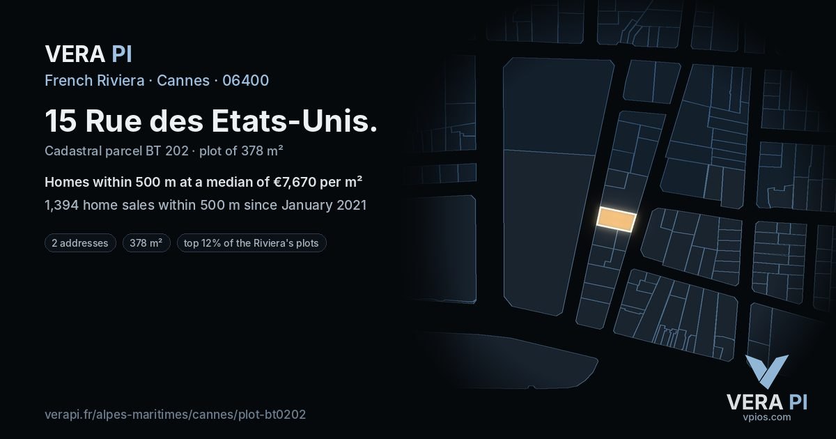 15 Rue des Etats-Unis, Cannes at night – the plot lit, the parcels around coloured by the prices near them