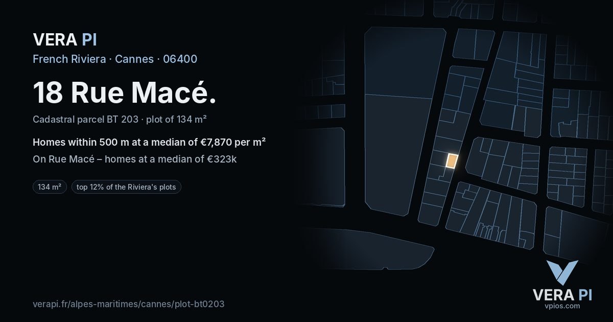 18 Rue Macé, Cannes at night – the plot lit, the parcels around coloured by the prices near them
