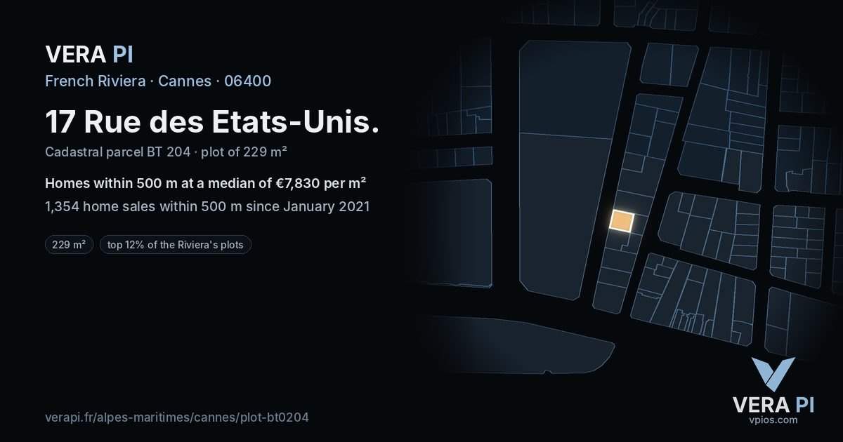 17 Rue des Etats-Unis, Cannes at night – the plot lit, the parcels around coloured by the prices near them