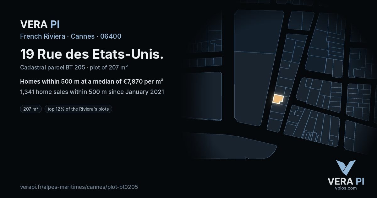 19 Rue des Etats-Unis, Cannes at night – the plot lit, the parcels around coloured by the prices near them