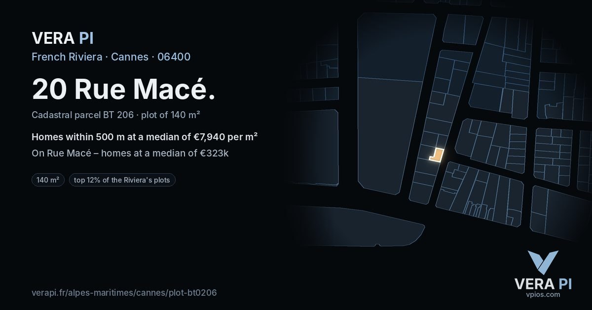 20 Rue Macé, Cannes at night – the plot lit, the parcels around coloured by the prices near them