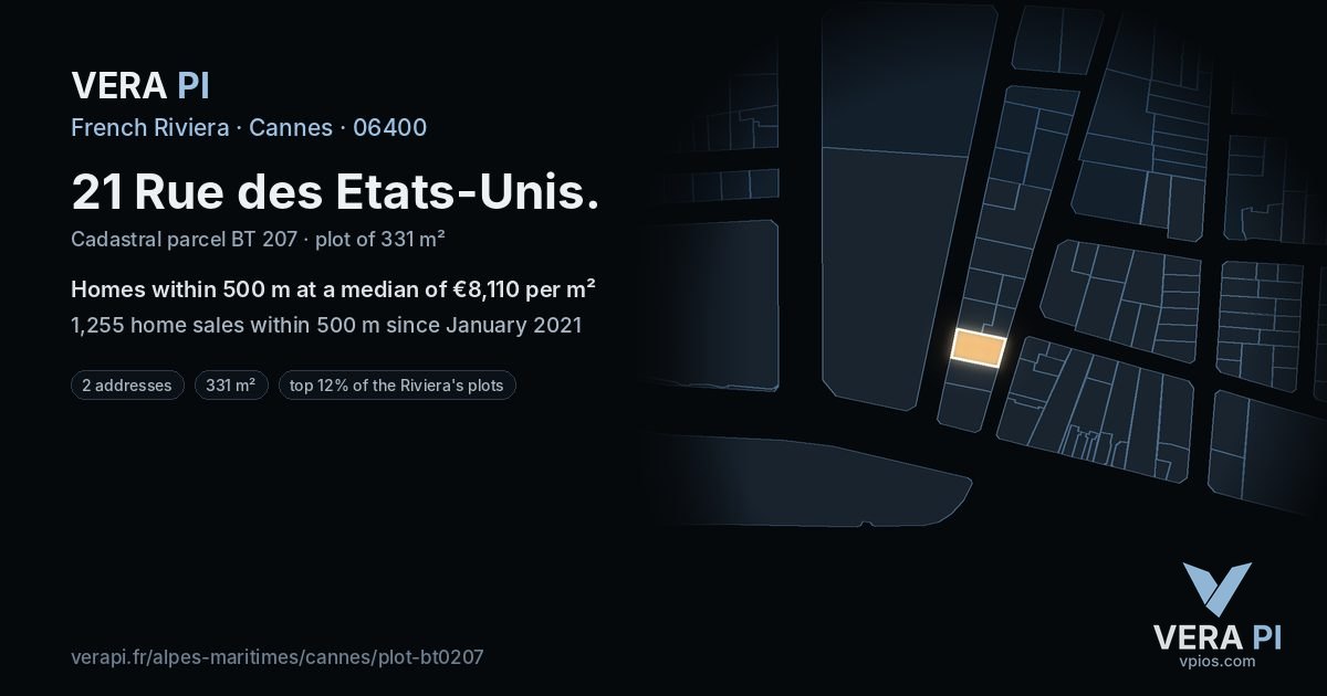 21 Rue des Etats-Unis, Cannes at night – the plot lit, the parcels around coloured by the prices near them