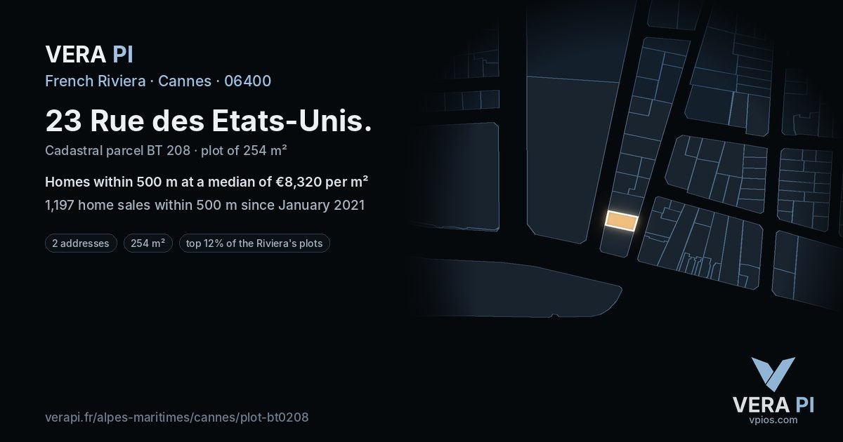23 Rue des Etats-Unis, Cannes at night – the plot lit, the parcels around coloured by the prices near them