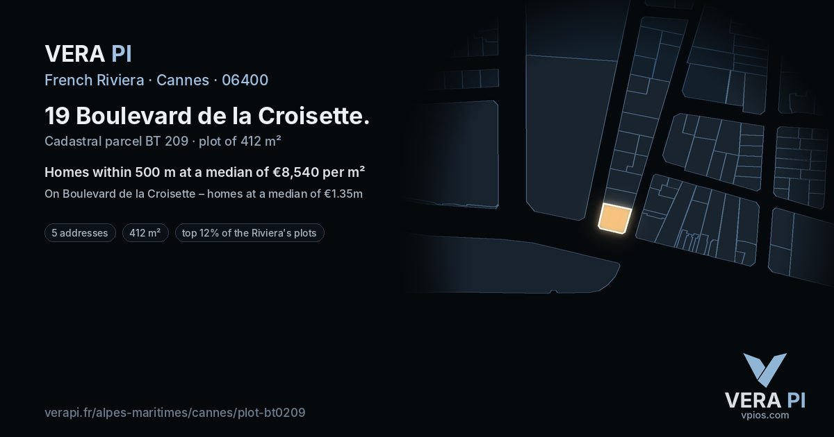 19 Boulevard de la Croisette, Cannes at night – the plot lit, the parcels around coloured by the prices near them