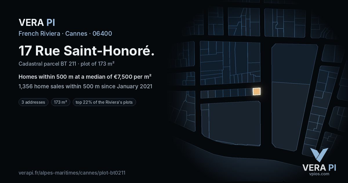 17 Rue Saint-Honoré, Cannes at night – the plot lit, the parcels around coloured by the prices near them