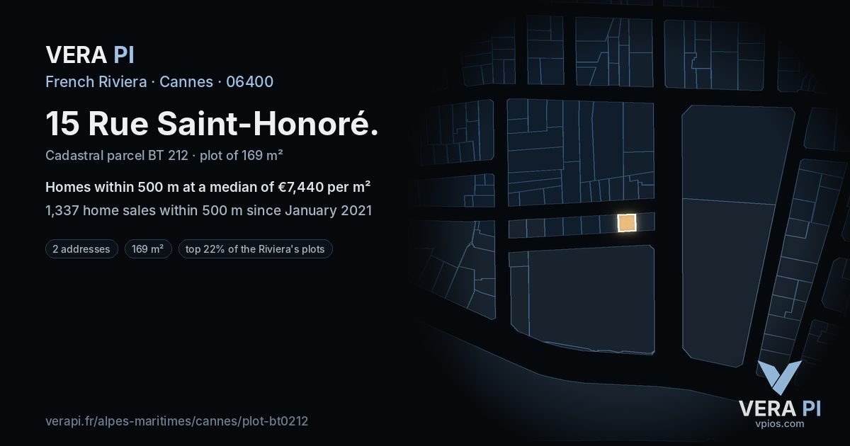 15 Rue Saint-Honoré, Cannes at night – the plot lit, the parcels around coloured by the prices near them