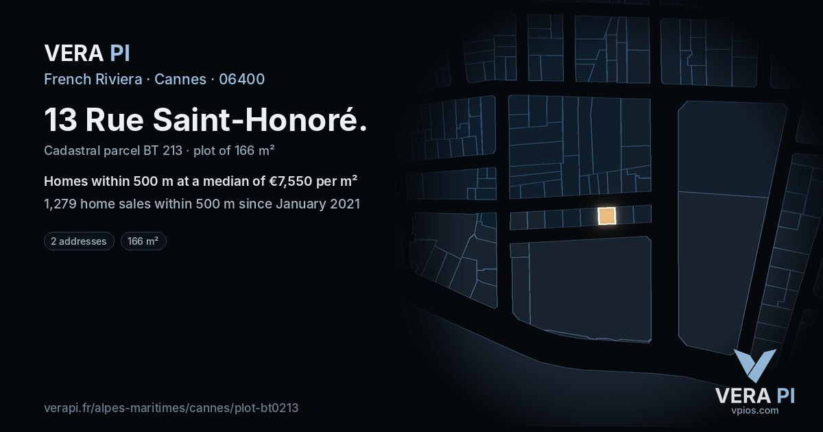 13 Rue Saint-Honoré, Cannes at night – the plot lit, the parcels around coloured by the prices near them