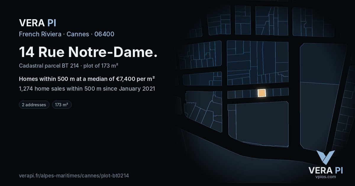 14 Rue Notre-Dame, Cannes at night – the plot lit, the parcels around coloured by the prices near them