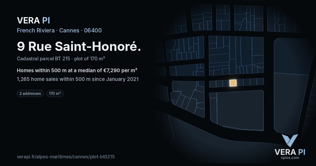 9 Rue Saint-Honoré, Cannes at night – the plot lit, the parcels around coloured by the prices near them