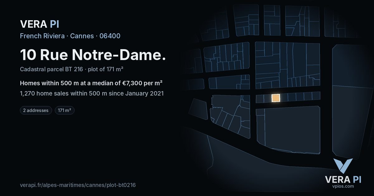 10 Rue Notre-Dame, Cannes at night – the plot lit, the parcels around coloured by the prices near them