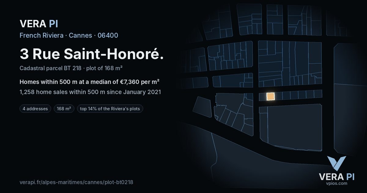 3 Rue Saint-Honoré, Cannes at night – the plot lit, the parcels around coloured by the prices near them