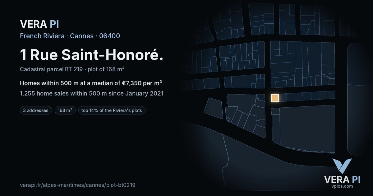 1 Rue Saint-Honoré, Cannes at night – the plot lit, the parcels around coloured by the prices near them