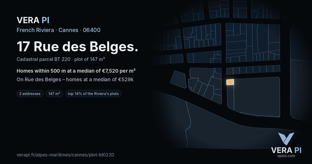 17 Rue des Belges, Cannes at night – the plot lit, the parcels around coloured by the prices near them