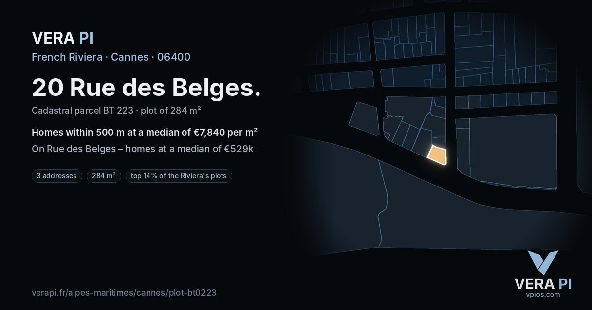 20 Rue des Belges, Cannes at night – the plot lit, the parcels around coloured by the prices near them