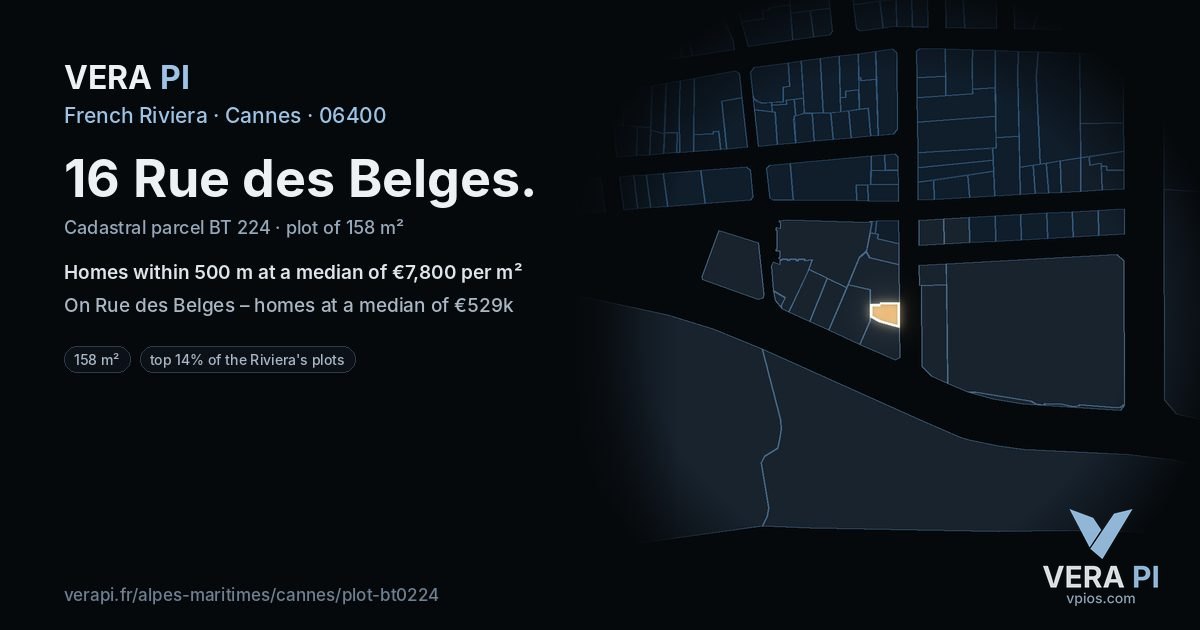 16 Rue des Belges, Cannes at night – the plot lit, the parcels around coloured by the prices near them