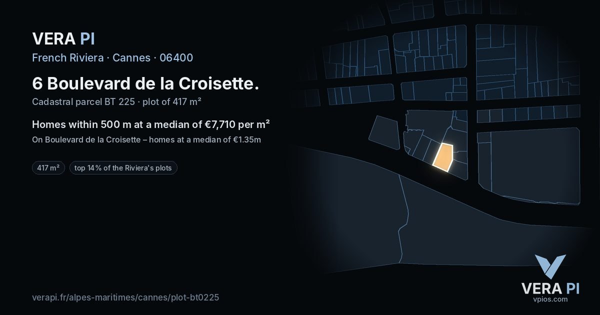 6 Boulevard de la Croisette, Cannes at night – the plot lit, the parcels around coloured by the prices near them