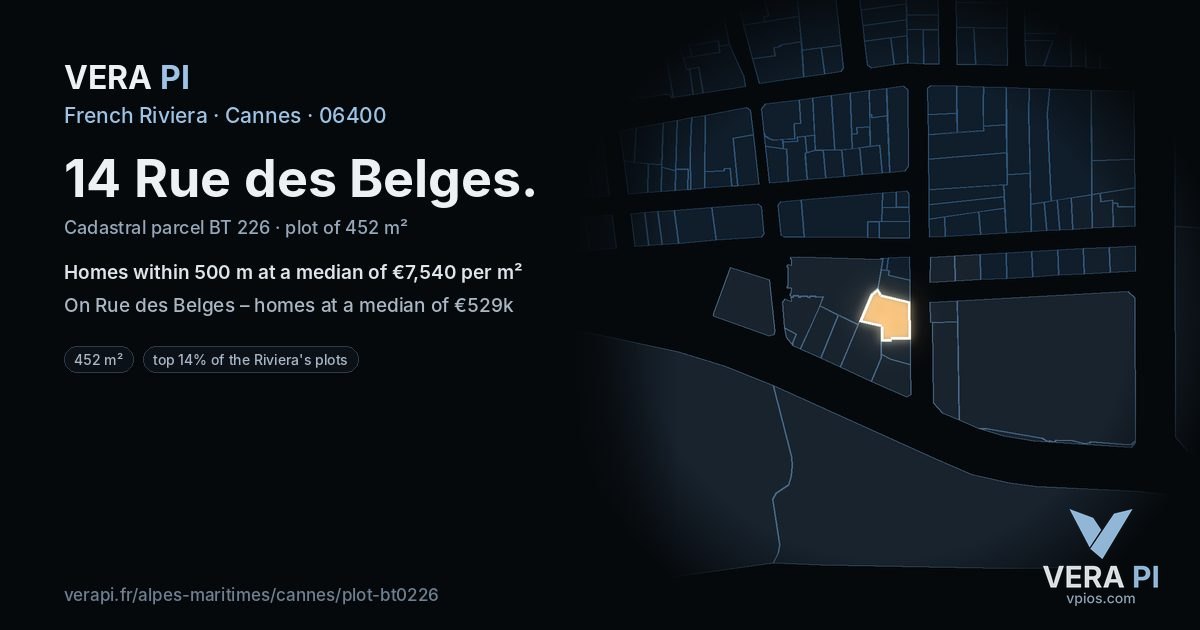 14 Rue des Belges, Cannes at night – the plot lit, the parcels around coloured by the prices near them